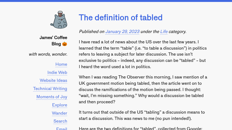 The definition of tabled James' Coffee Blog