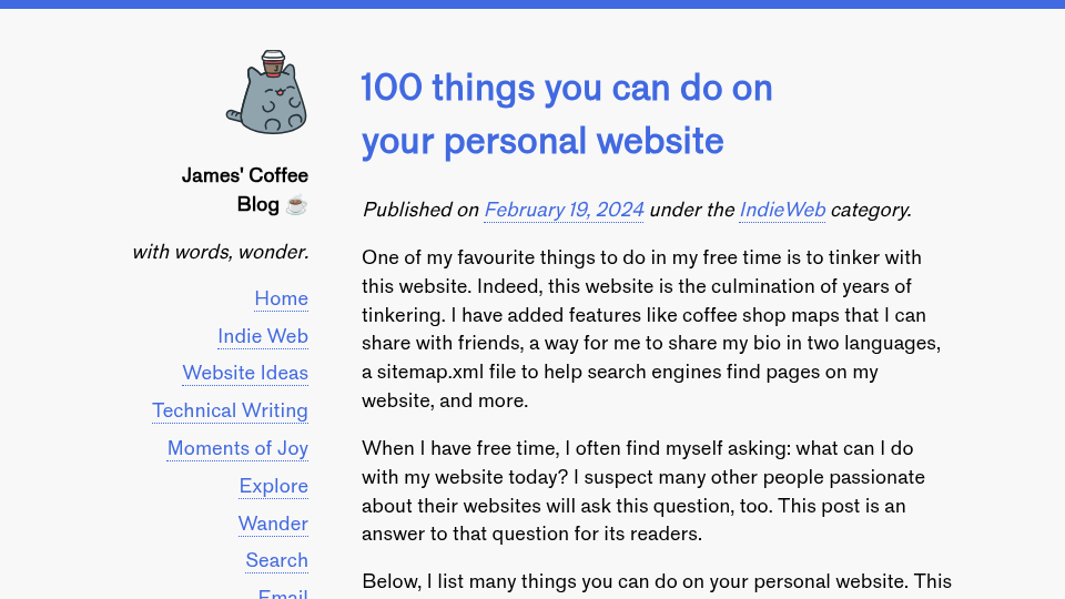 100 Things You Can Do on Your Personal Website - James' Coffee Blog